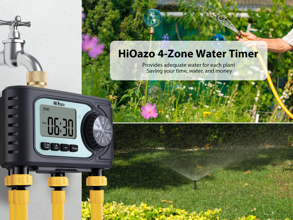 HiOazo 4-Zone Sprinkler Timer, Supports Manual Mode/ Rain Delay / Low Battery Protection