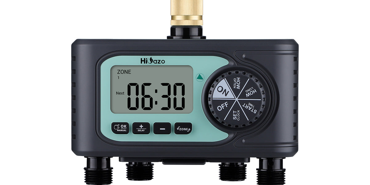 HiOazo 4-Zone Sprinkler Timer, Supports Manual Mode/ Rain Delay / Low