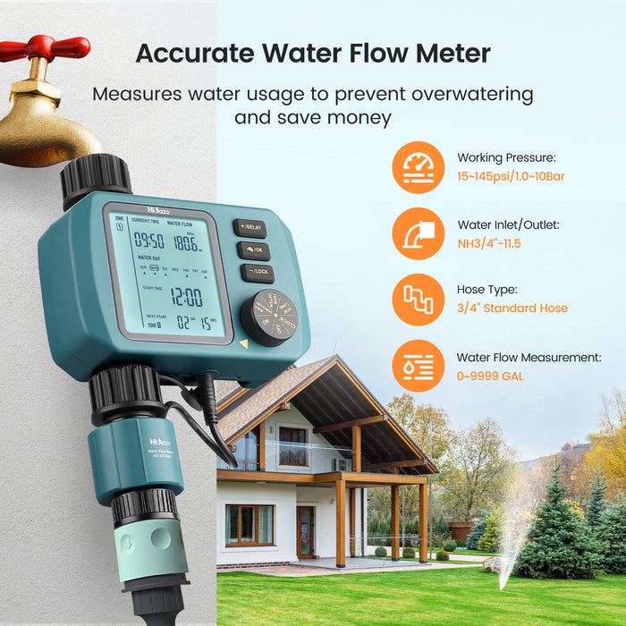 HiOazo Programmable Water Timer for Garden Hose, with Water Flow Meter, Unlimited Manual Watering, Rain Delay, Child Lock, Low Battery Protection (HO-WT-1 Single Outlet)