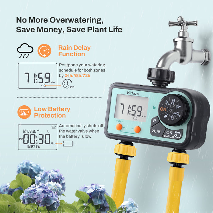 HiOazo 2-Zone Programmable 6 Plans Sprinkler Timer, Auto/Manual/Rain Delay Mode, Irrigation Timer with Daily/Week/Specific Days Cycle for Yard Lawn Pool